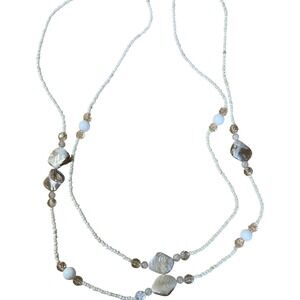 Long Beaded Necklace Shell Accents White Cream Layered Boho Beach Vacation